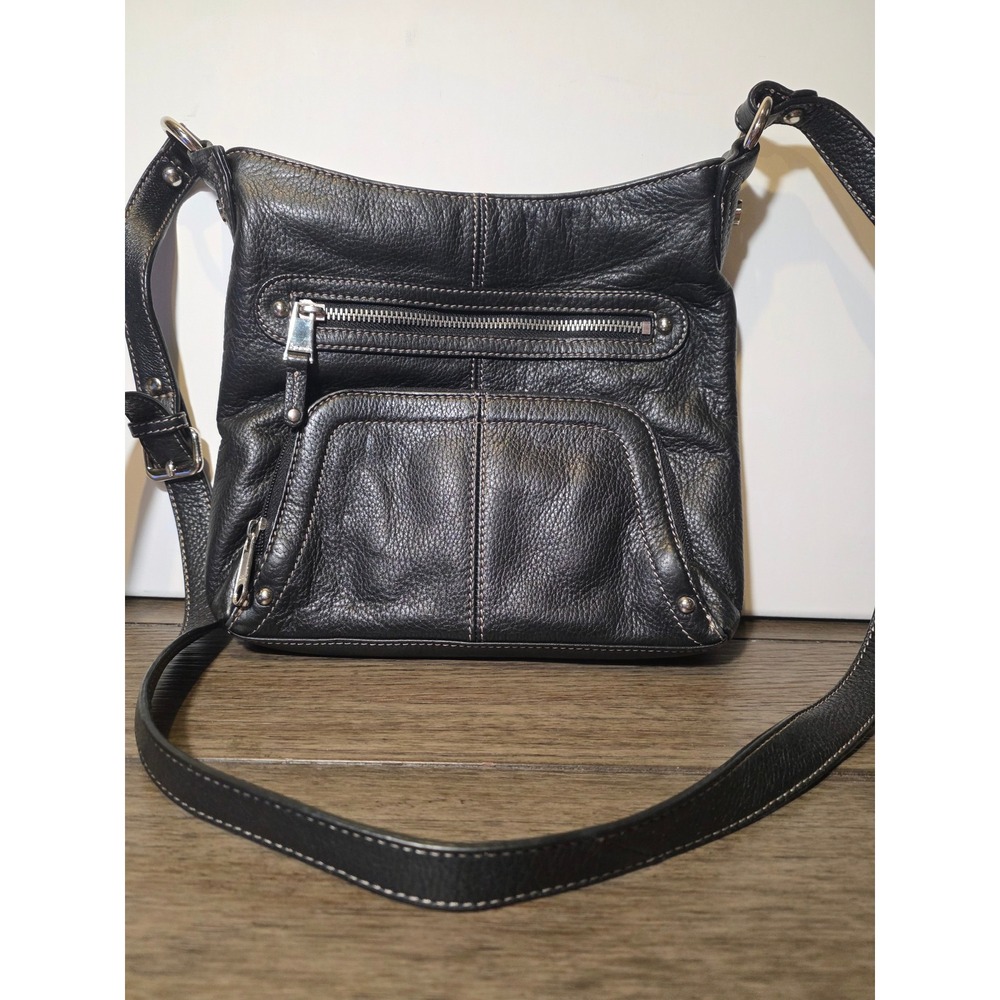 Tignanello Black Pebbled Leather Crossbody Bag Organizer Purse Silver Hardware